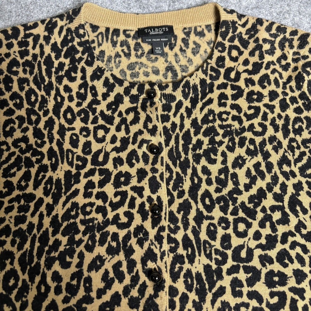 Talbots Cardigan Womens XS Tan Black Excellent Merino Wool Leopard Print Button